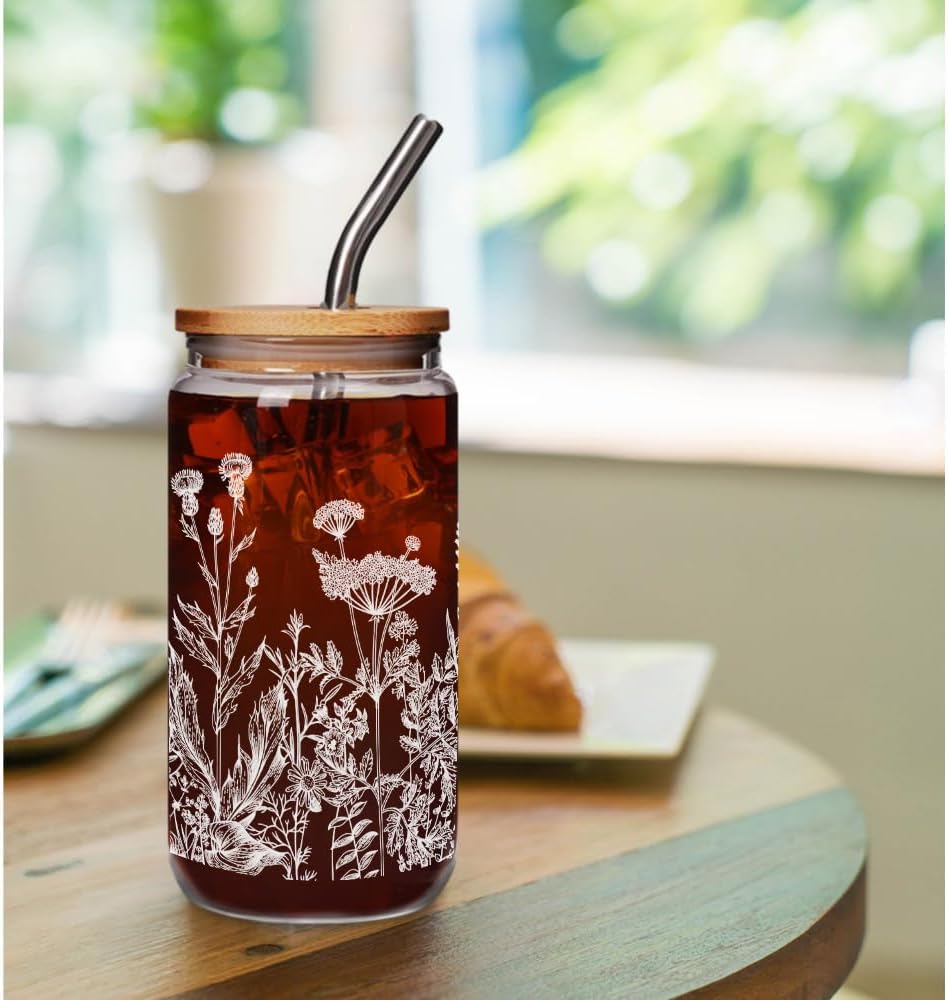 Floral Cup 16oz Can Glass with Bamboo Lid and Straw, Flower Glass Cup Gifts for Women, Wildflower Drinking Coffee Glasses Cups Gifts, Flower Glasses Cups Gift for Best Friend Bestie Sister - Image 5