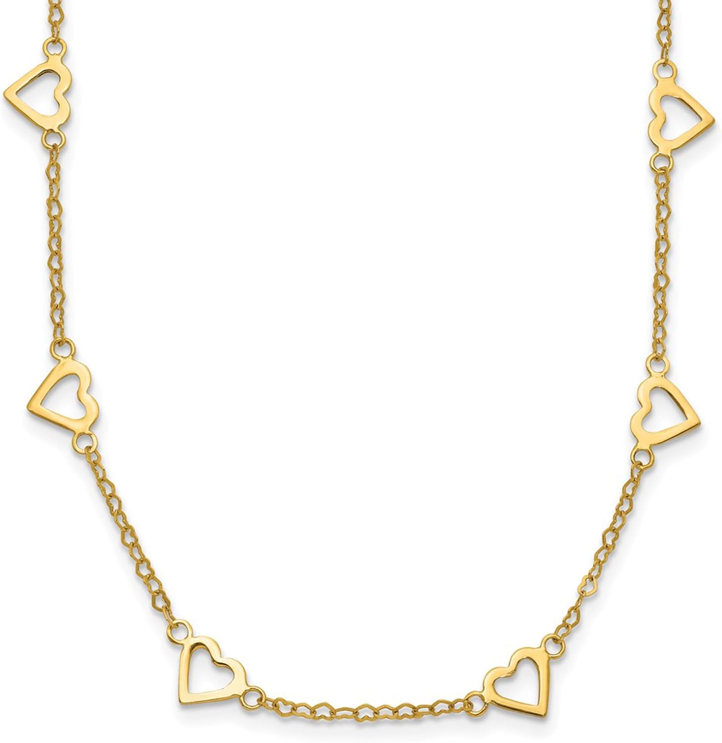 DEWBERRY 14k Yellow Gold Polished Open Hearts with Heart Link Chain 18 inch Station Necklace (Weight : 2.27 G, Length : 18 in, Width : 7.7 mm)