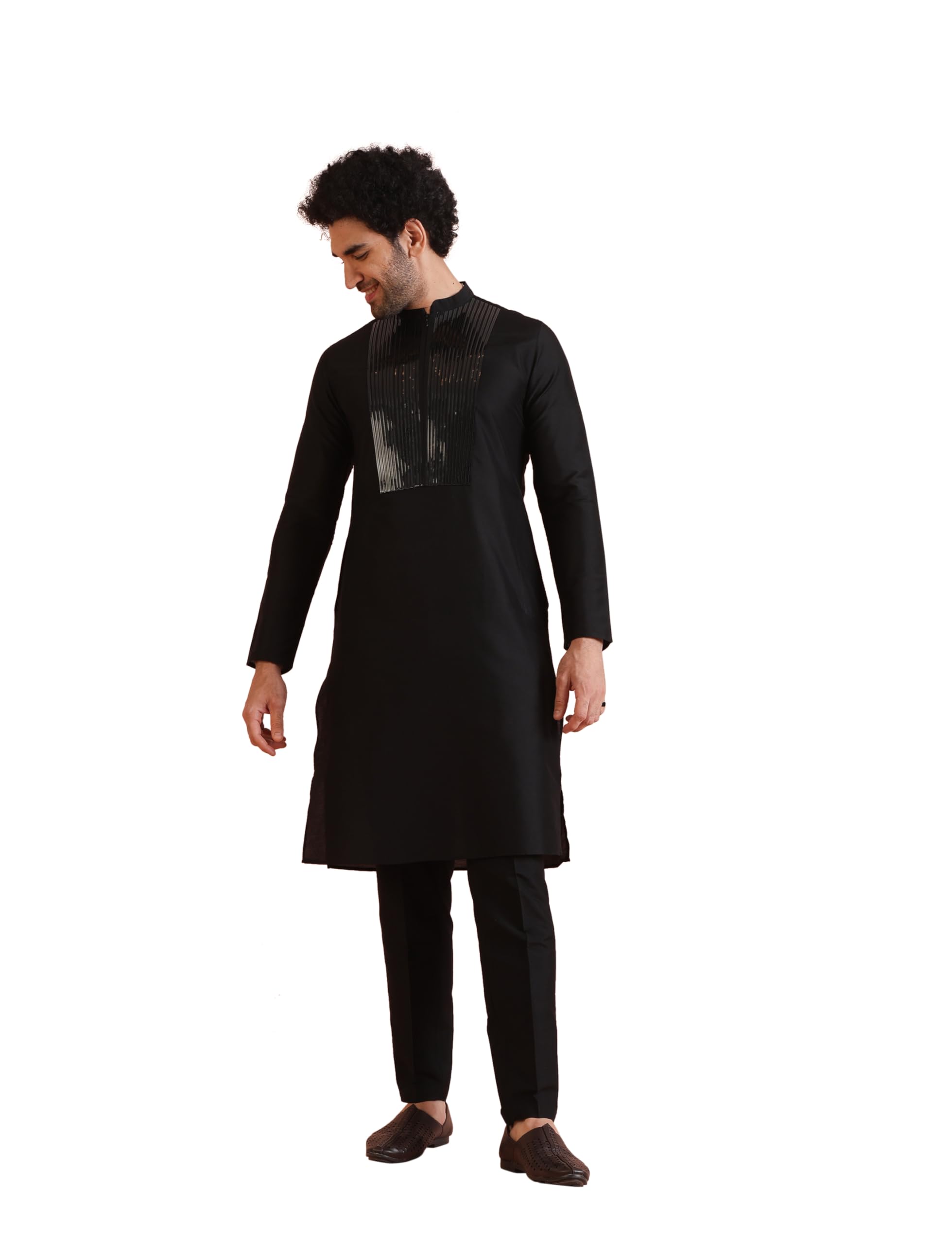 Kisah Men's Kurta Trouser Set, Black Pure Cotton, Ethnic Motifs Regular Fit Mandarin Collar Long Sleeves (Xl)