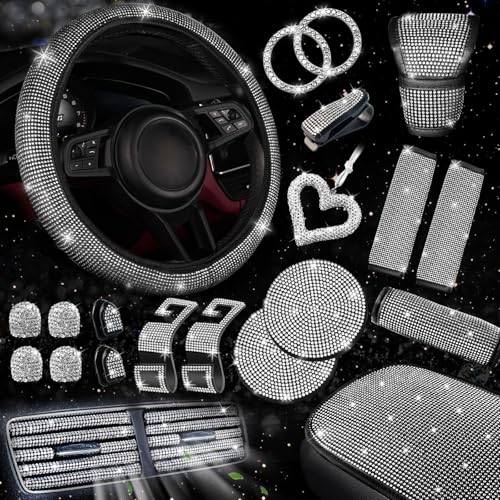 NBTEPEM 30 Pcs Bling Car Accessories Set for Women, Silver Steering Wheel Cover Set, Bling Console Cover, Seat Belt Cushion, Shift Knob Cushion, Cup Holder Coaster, Rhinestone Car Hanging Accessories