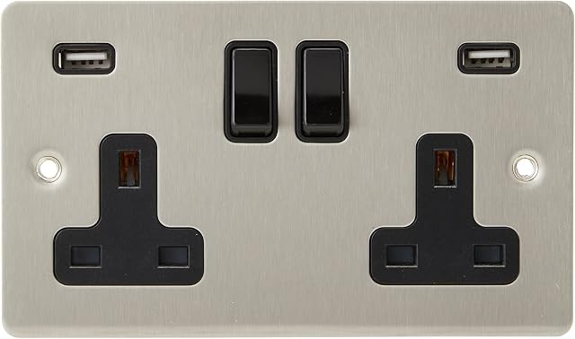 AET USBFSC2GSOCBL Satin Chrome Flat 2 Gang Socket w Charging Ports Black Insert Plastic Rocker Switches-13 Amp Double Plug Socket & Dual USB Power Outlet