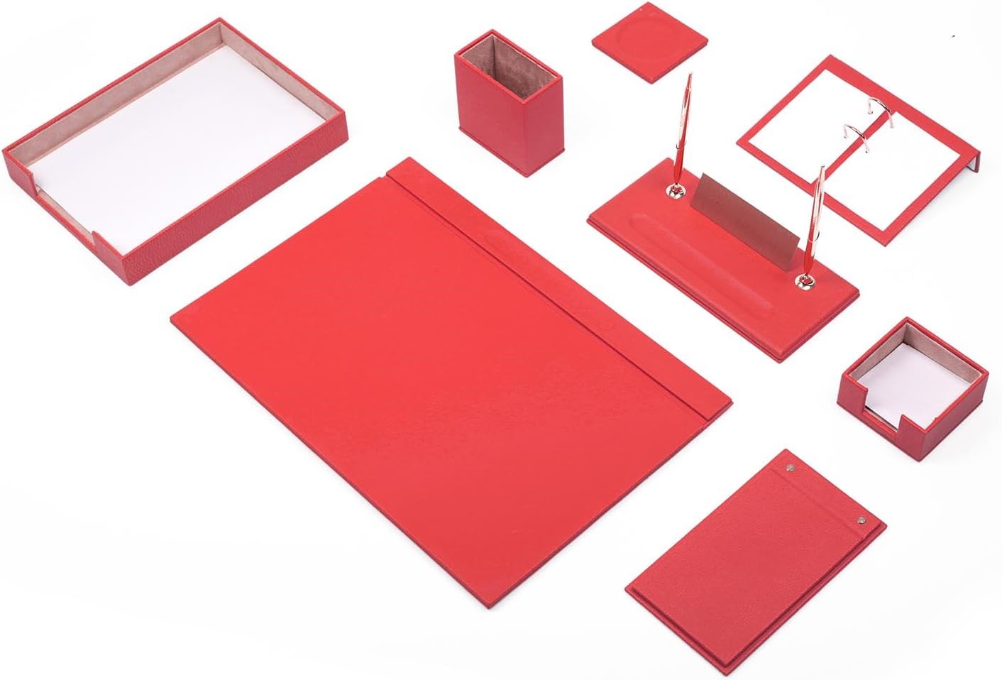 Mira 10 Piece Office Set Desk Mat Set Leather with Document Holder – INDIVIDUAL Nameplate in 9 Colours red