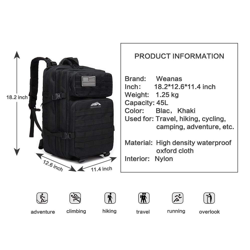 Wodoodporny plecak taktyczny 45L Duża pojemność Nylon 600D Wiele kieszeni na piesze wędrówki, wspinaczkę górską, polowanie, na zewnątrz jazda na rowerze i nie tylko
