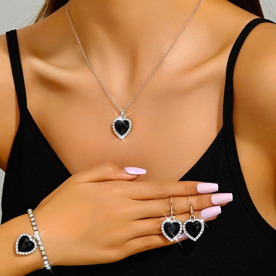 Unicra Heart Silver Jewelry Set Rhinestone Necklace Earrings Bracelet Sets Prom Formal Bridal Wedding Jewelry Sets for Women and Brides