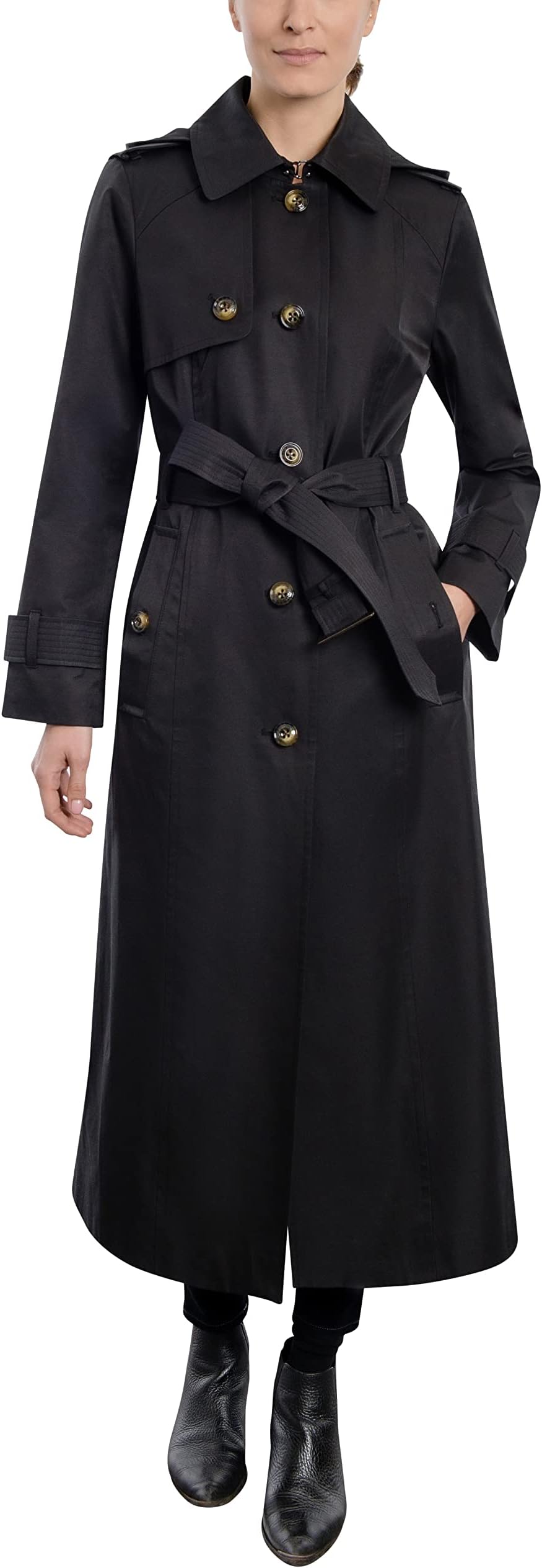 London FogWomen's Single Breasted Long Trench Coat with Epaulettes and Belt