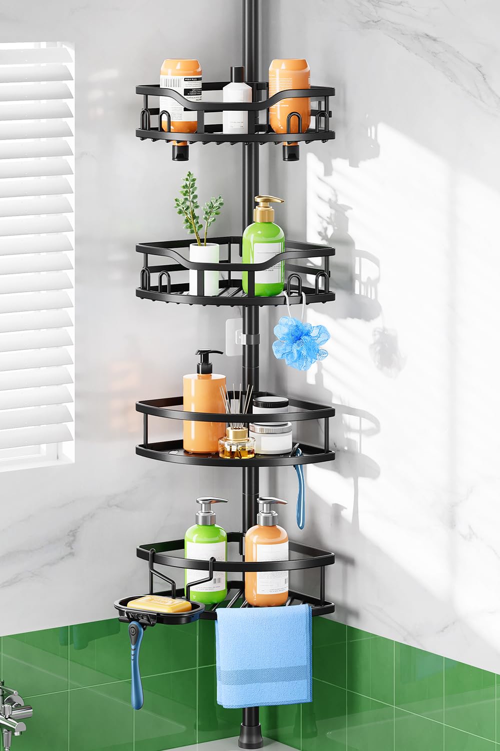 HAMITOR Shower Caddy Tension Pole Rustproof Quick Install Corner Bathroom Organizer Shelf on Floor for Renters - 4-Tier