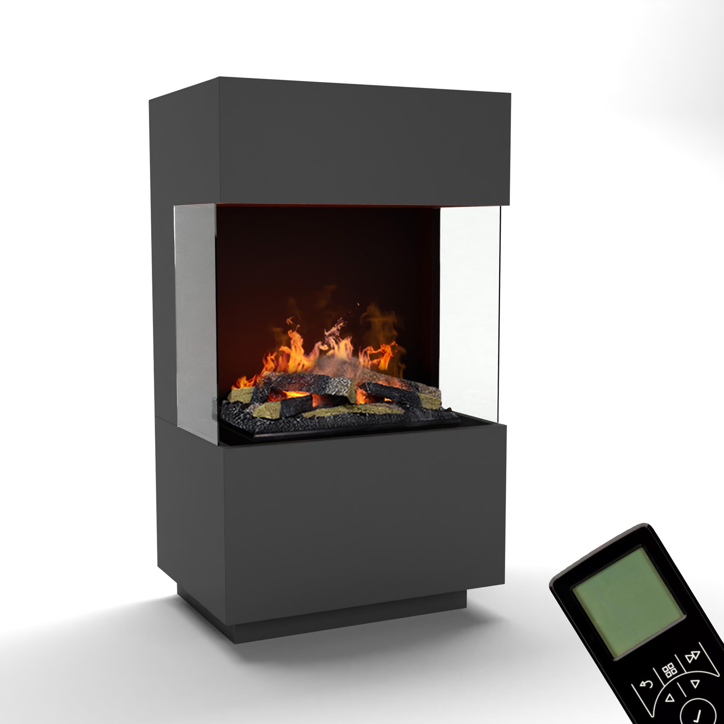 Cheminée sur Pied GLOW FIRE OGF 1 Mini à Vapeur d'eau - Cheminée électrique avec Flammes LED 3D réalistes, Effet crépitant, télécommande, 55x96x40 cm - Opti-Myst 400 avec déco Bois, Gris