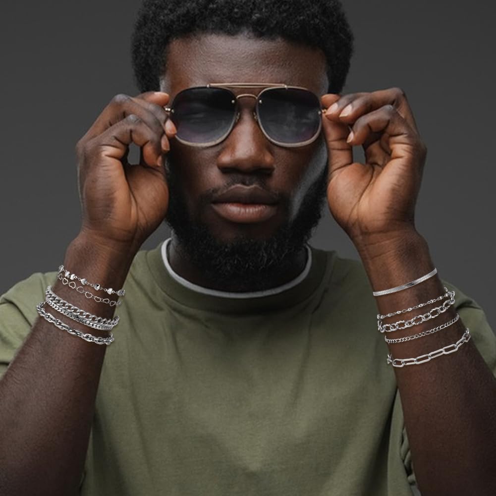 PH PandaHall 10 Styles Chain Bracelets, Cuban Link Bracelet Stainless Steel Bracelets Rope/Paperclip/Snake Curb Chunky Chain Bracelet Wrist for Men Women Dad HusJewelry Set,7-1/4~8-5/8 inch - Image 5