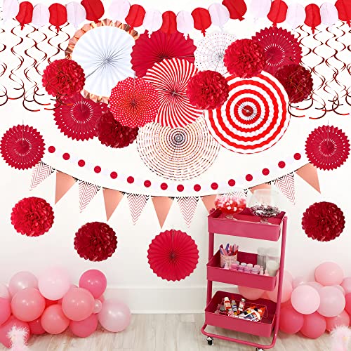 Image of Moon Boat 35PCS Party Decorations Paper Fan Hanging Set - Birthday,Wedding,Baby Shower,Circus,Festival Decor (Red)