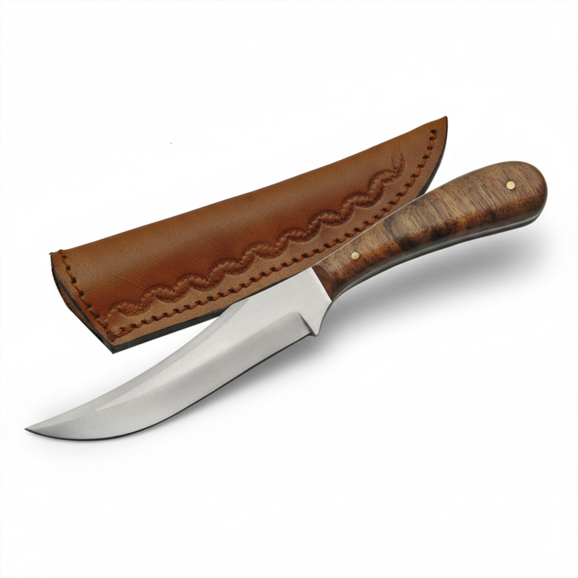 SZCO Full Tang Slim Patch Skinner Knife 7.25 Inch - Camping Knife with Burlwood Handle, Stainless Steel Blade & Sheath - Brown Pocket Knife for Hunting, Cutting & Outdoor uses - Knives for Men