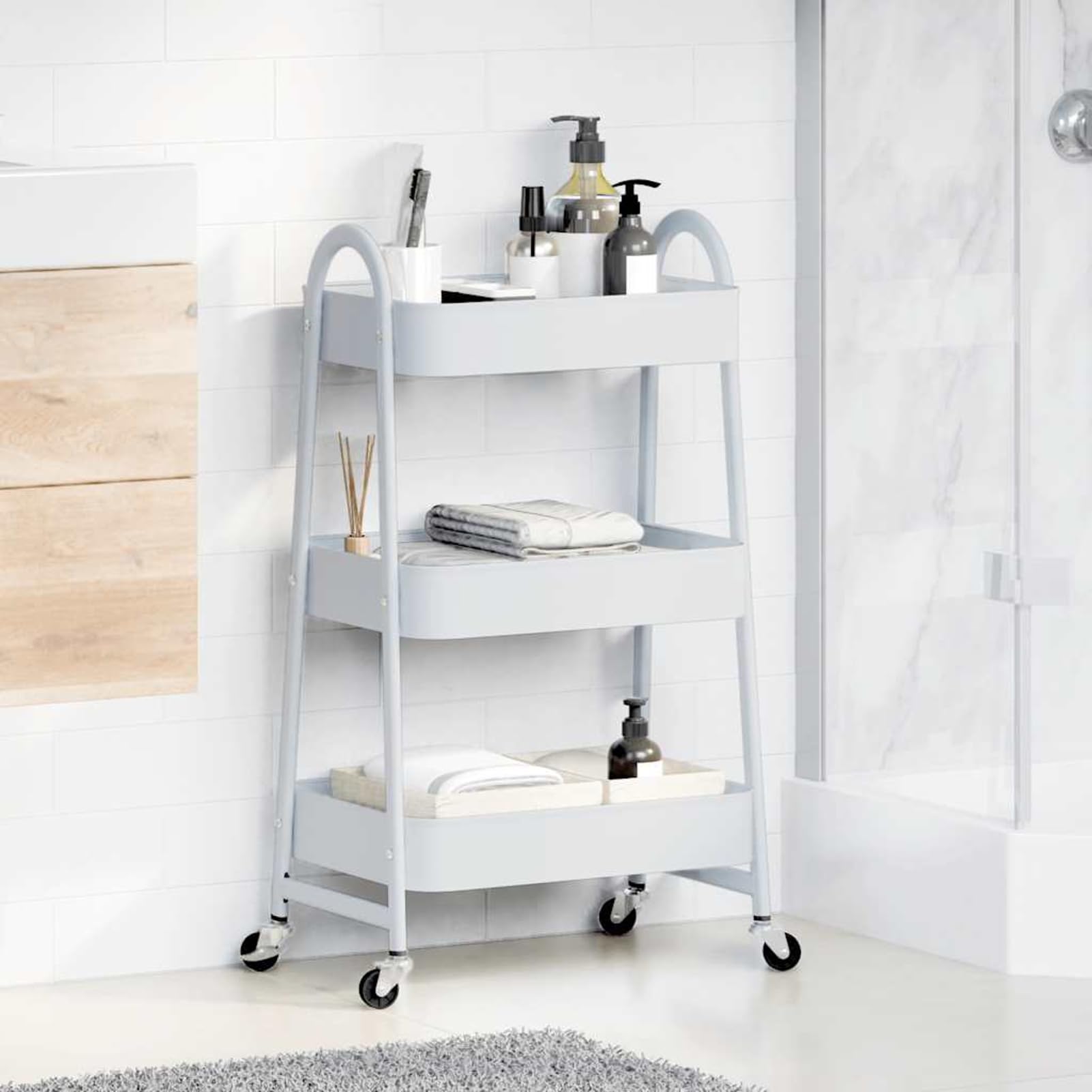 Gecheer Carrello Portaoggetti a 3 Ripiani, Mobile con Ruote Bloccabili e Maniglie, 42x41,5x77 cm in Acciaio Verniciato Bianco, per Cucina Soggiorno Bagno Ufficio