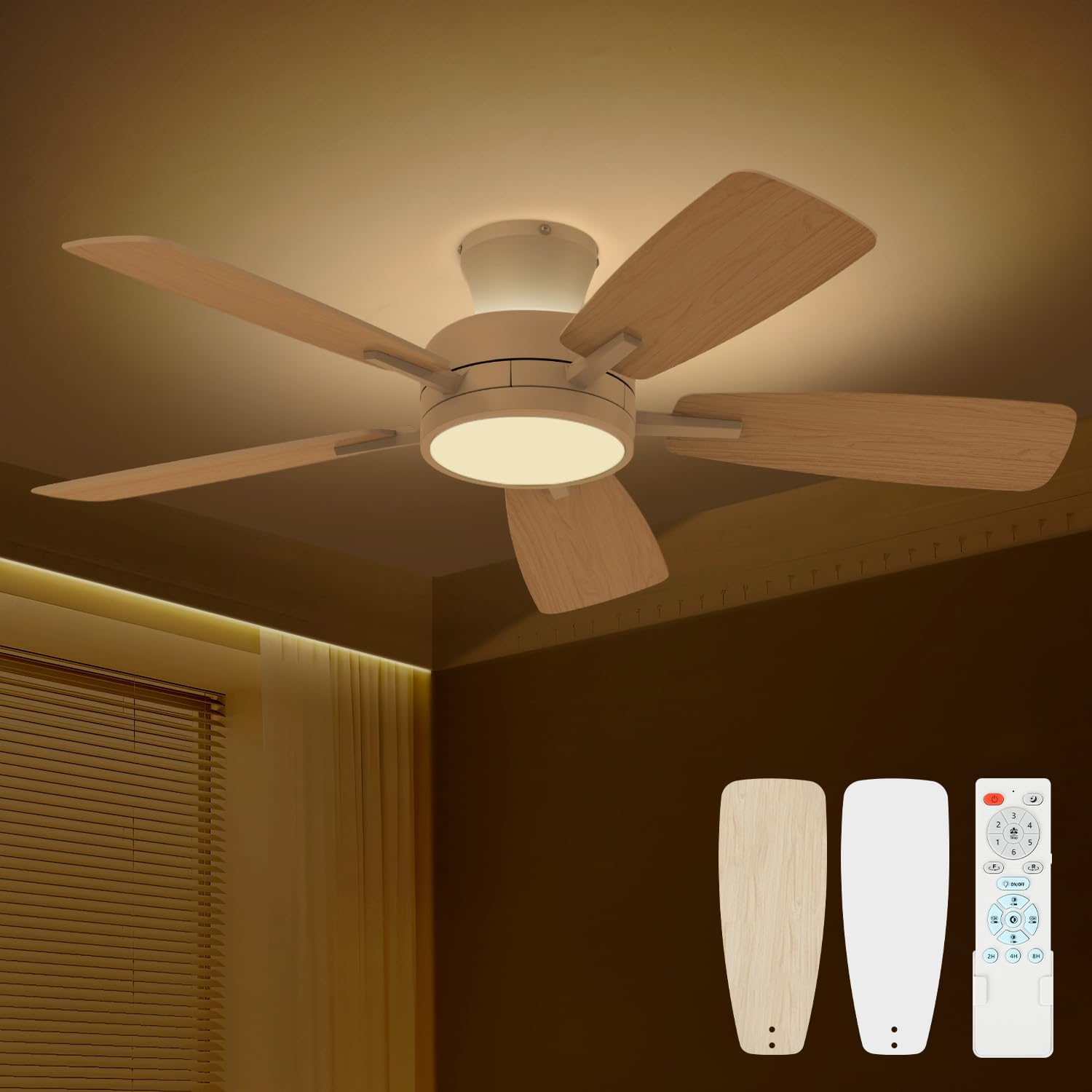 TALOYA Ceiling Fans with Lights and Remote, 46 Inch Low Profile Ceiling Fan with Light, Flush Mount, Reversible, 3CCT, Dimmable White Modern Ceiling