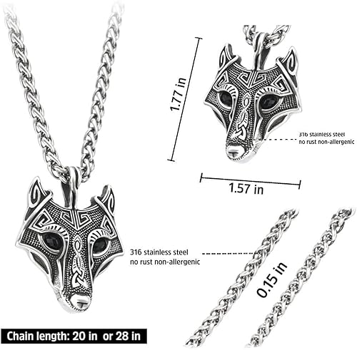 Miniatura 5 de BAVIPOWER Viking Fenrir - Collar con colgante de amuleto de cabeza de lobo para hombres y mujeres, collar escandinavo nórdico de acero inoxidable