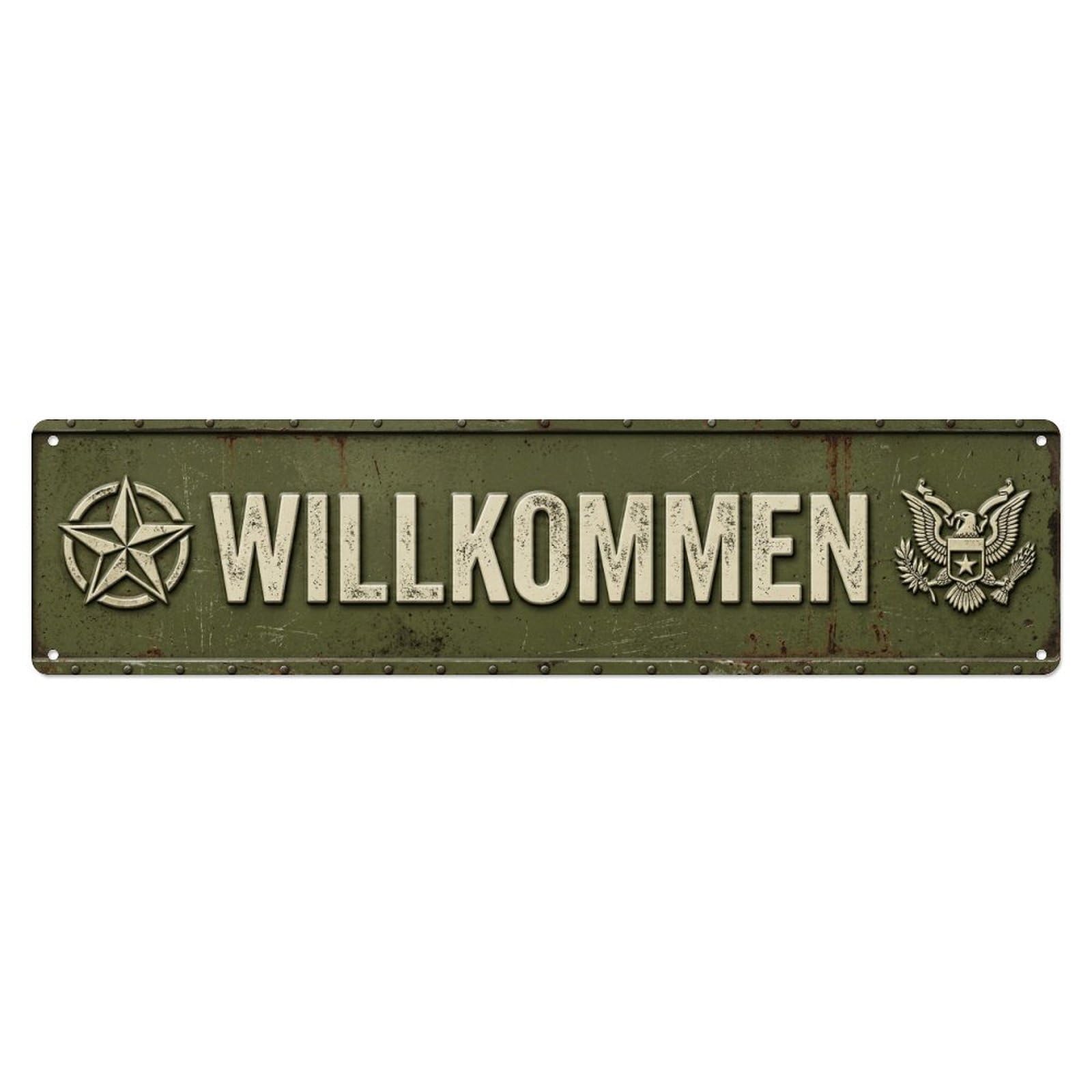 Weathered Olive Military Surplus Welcome Metal Tin Sign