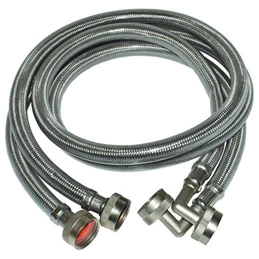Eastman 48378 Stainless Steel Braided Washing Machine Hoses with 90 Degree Elbow, 3/4 inch FHT, 6 Ft, 2 Pack, 6' Pair