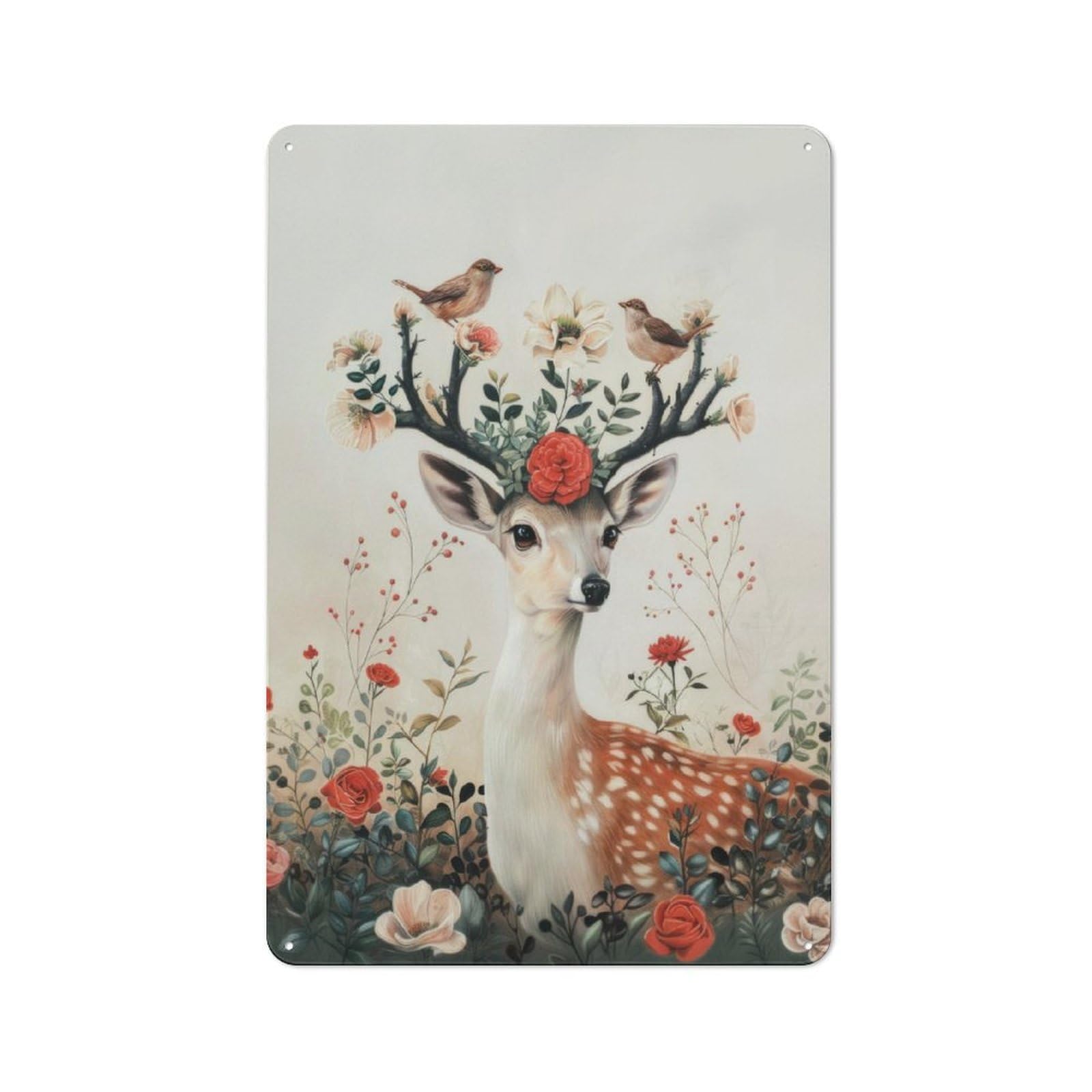 Junmoney Deer With Birds Botanical Country Vintage Metal Wall Decor 30X20cm, Farmhouse Metal Sign For Kitchen, Cottage, Porch Or Garden Room