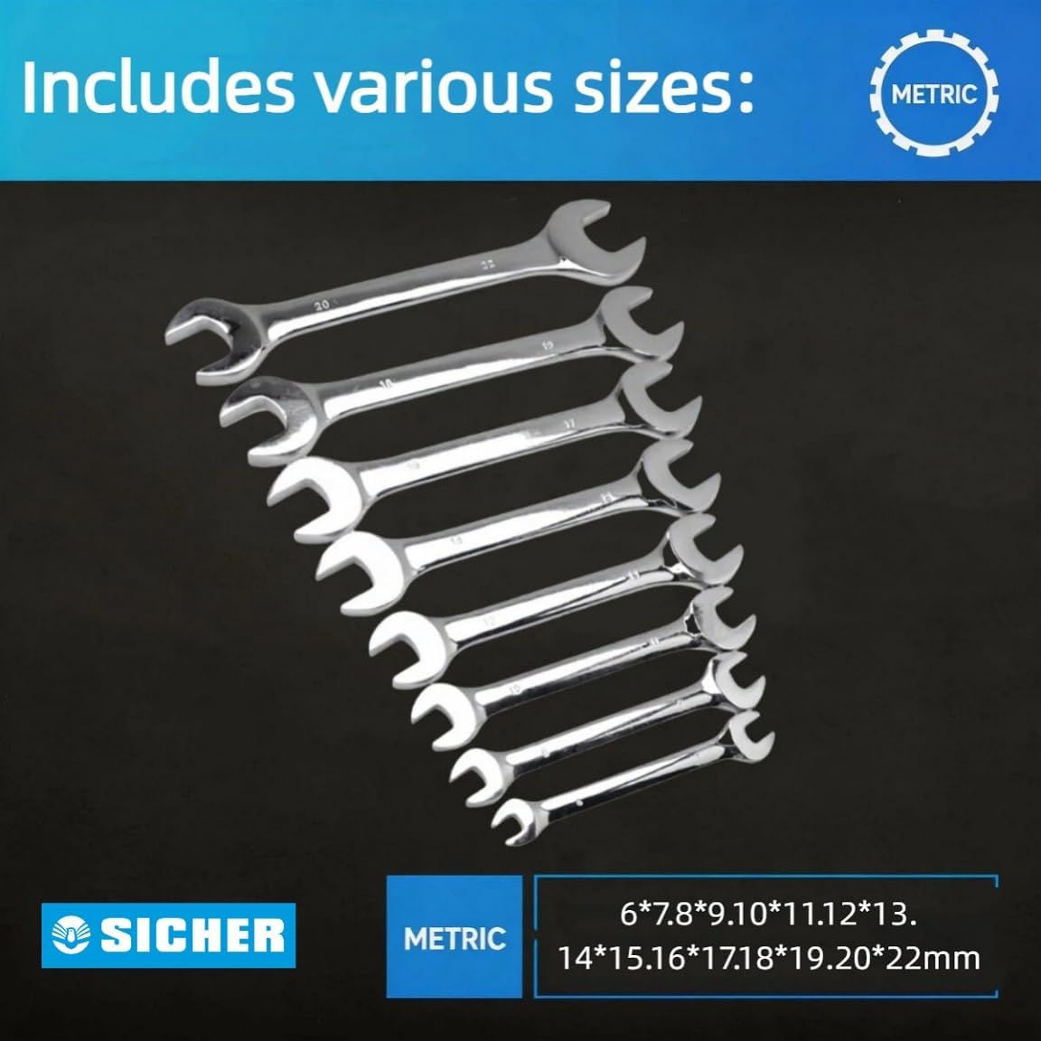 SICHER 8-Piece Double Open End Wrench Set – Chrome Vanadium Steel, Metric Size 6x7mm to 20x22mm, Flare Nut Wrench Set for Auto Repair, Bike Maintenance, with Handy Storage Rack