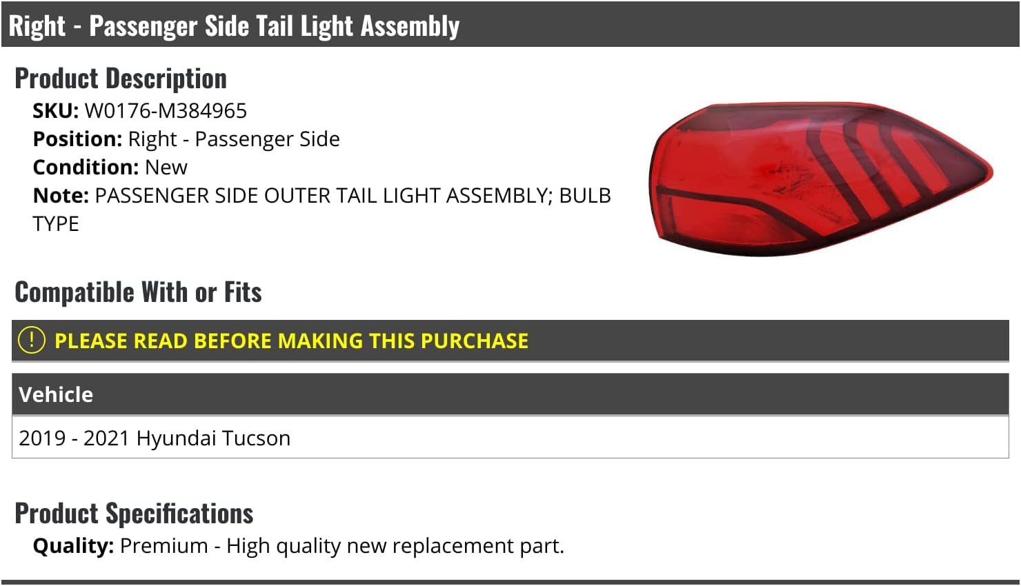 Marketplace Auto Parts Right Passenger Side Outer Tail Light Assembly - Bulb Type - Compatible with 2019-2021 Hyundai Tucson