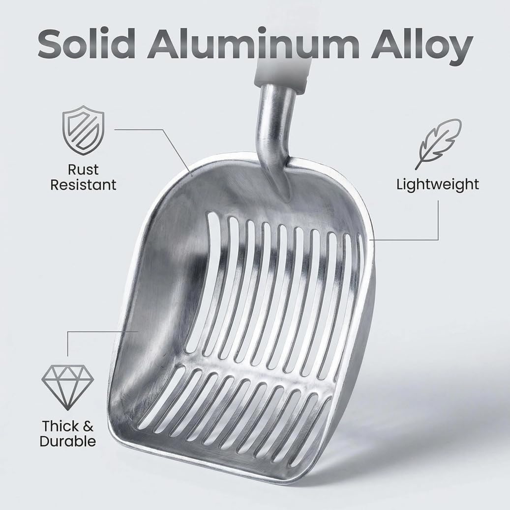 Heavy Duty Cat Litter Scoop with Holder, Stainless Steel Kitty Litter Scooper Caddy for Litter Box, Aluminum Speed Sifter Captures All Clumps