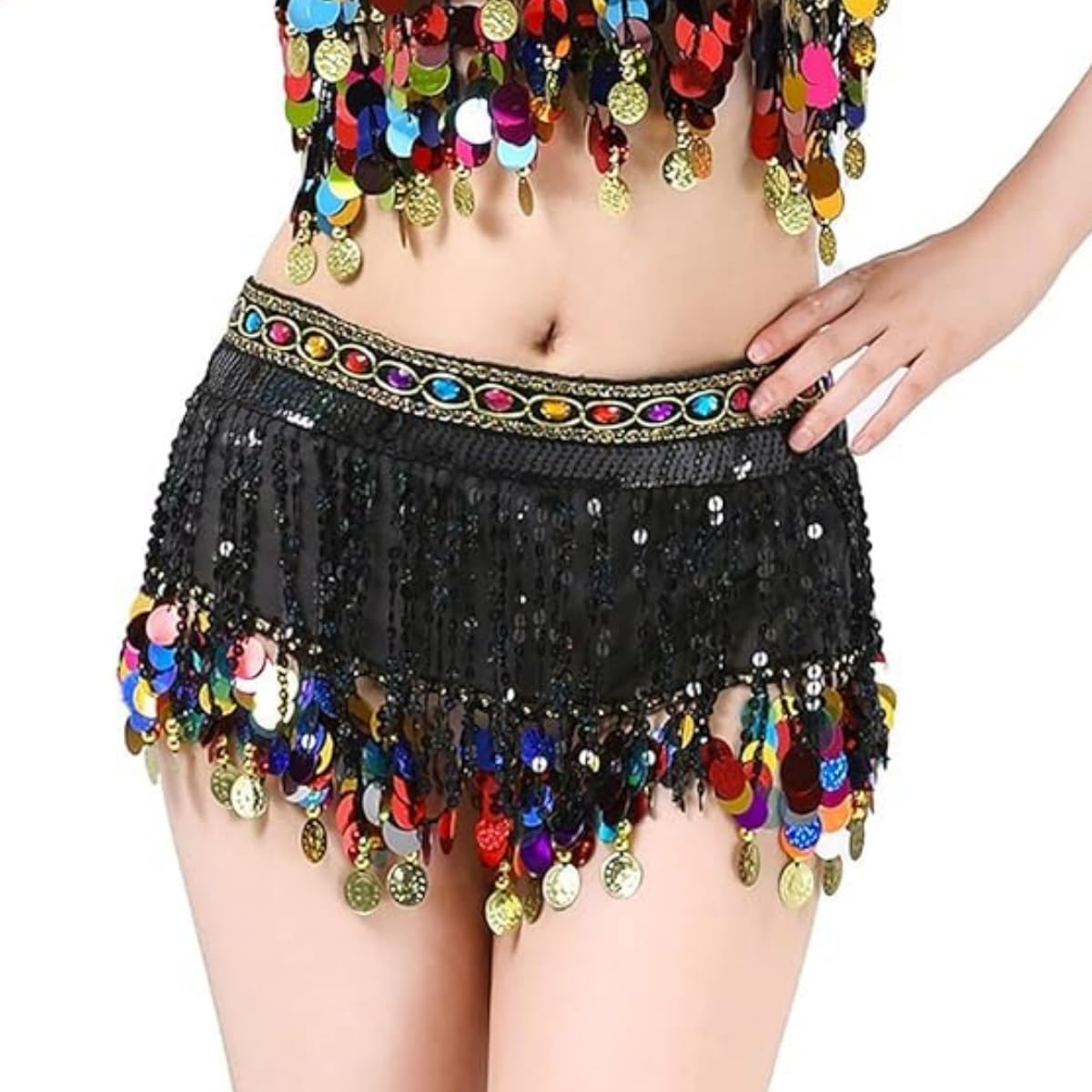 Sequin Belly Dance Hip Scarf, Womens Glitter Sequins Tassel Wrap Skirt, Sparkly Bling Fringe Tassel Latin Dance Coins Hip Belt Waist Scarf for Party Club Carnival Clubwear Rave Performance Outfits