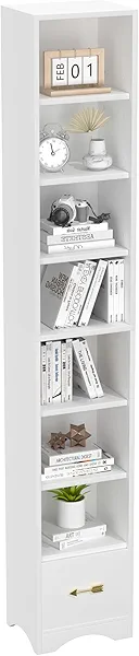 VECELO Tall Narrow Bookshelf with Adjustable Shelves, Slim Storage Cabinet with Moisture Protection Base, Extra Drawer Storage, Space-Saving Design for Home Office, White with Drawer