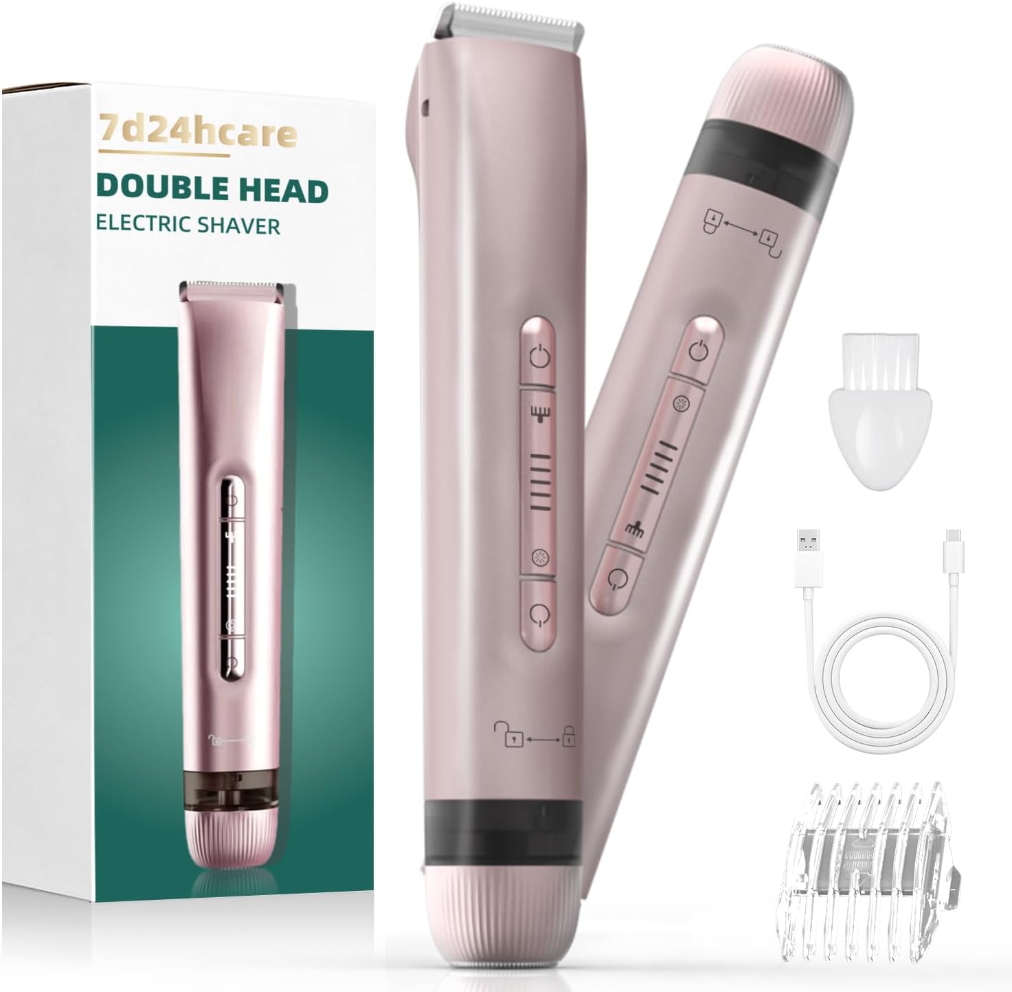 Bikini Trimmer for Women, 2 in 1 Electric Shaver Dual Head Bikini Trimmer for Women IPX7 Waterproof Body Hair Trimmer and Facial Hair Remover for Bikini Leg Arm Body Face, Pink 002