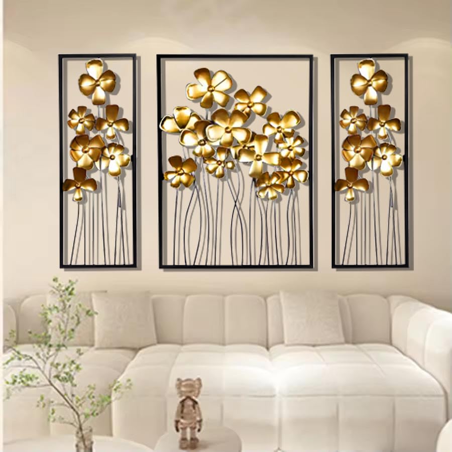 Image of ZOVE Creative Wall Decoration - Set of 3 Metal Lilac Gold Flower Wall Hanging | luxury Metal Wall Sculpture for Entrance, Bedroom, Corridor (Gold, 57 X 32 Inch)