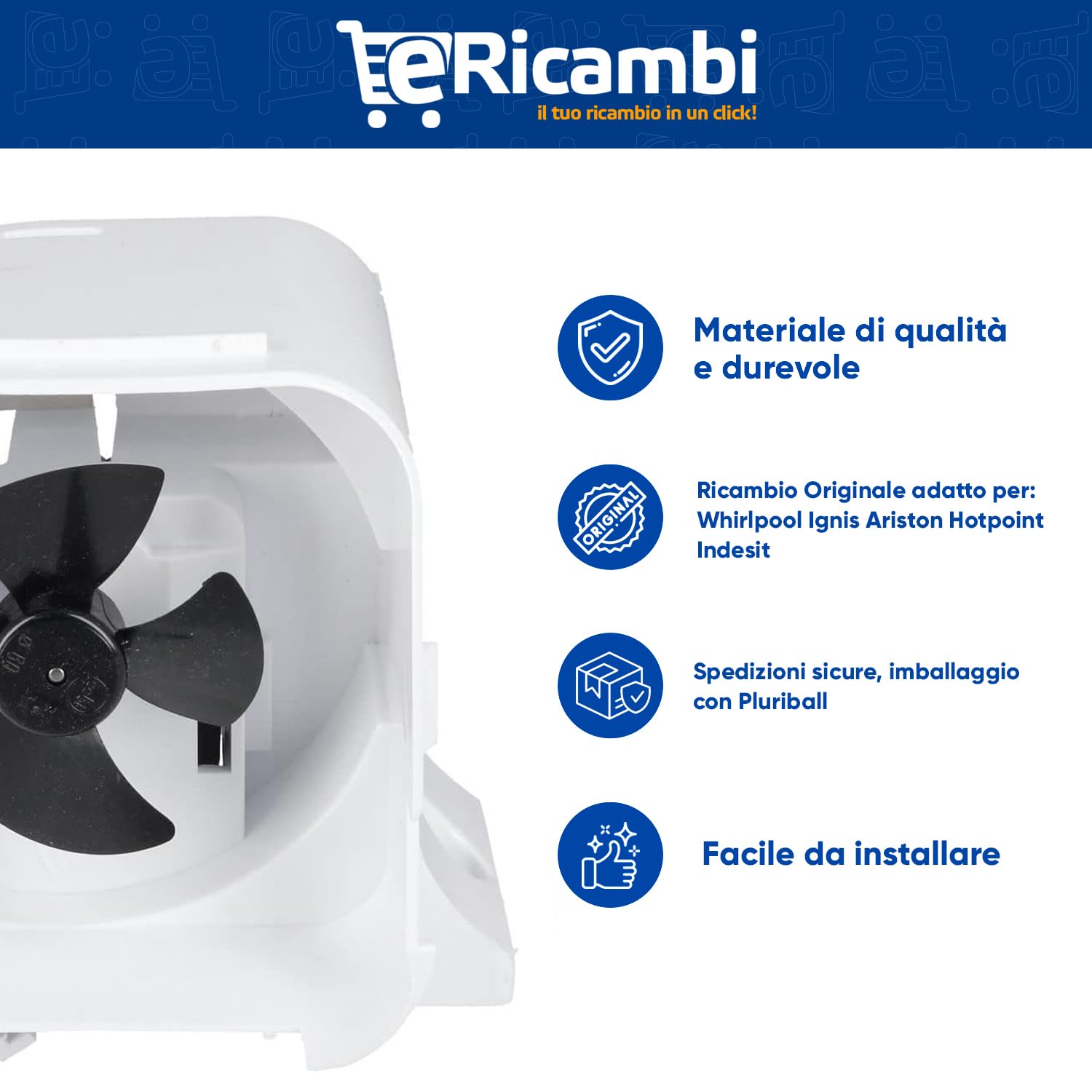eRicambi, Assieme Motoventilatore Ventola Completa per Frigorifero, Compatibile con Ignis Whirlpool Hotpoint, Switch Interruttore, Ventola da Ø 60 (mm)