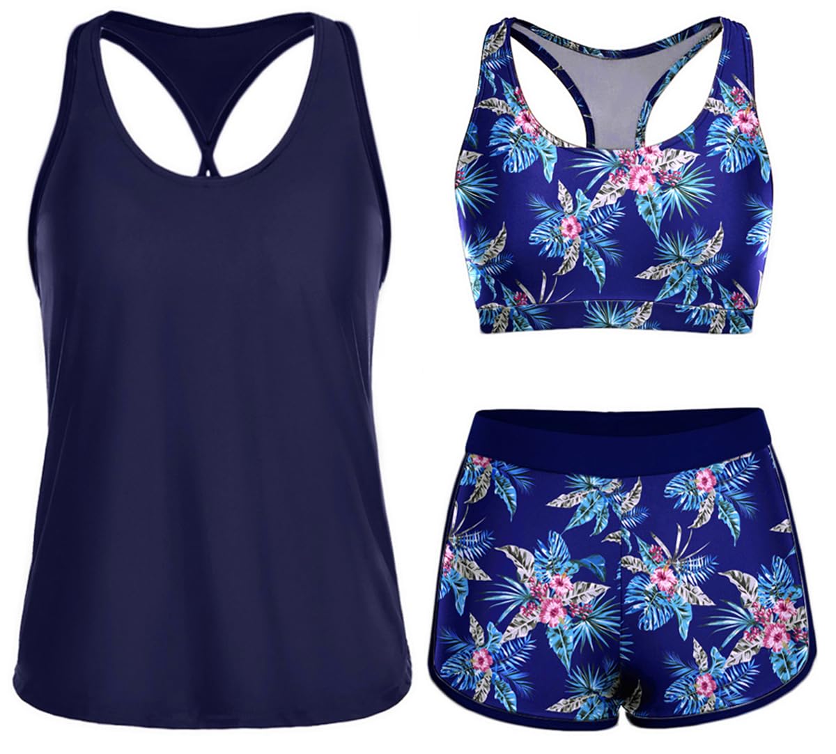 Yonique 3 Piece Athletic Tankini Swimsuits for Women with Shorts Swim Tank Tops with Sports Bra and Boyshorts Bathing Suits