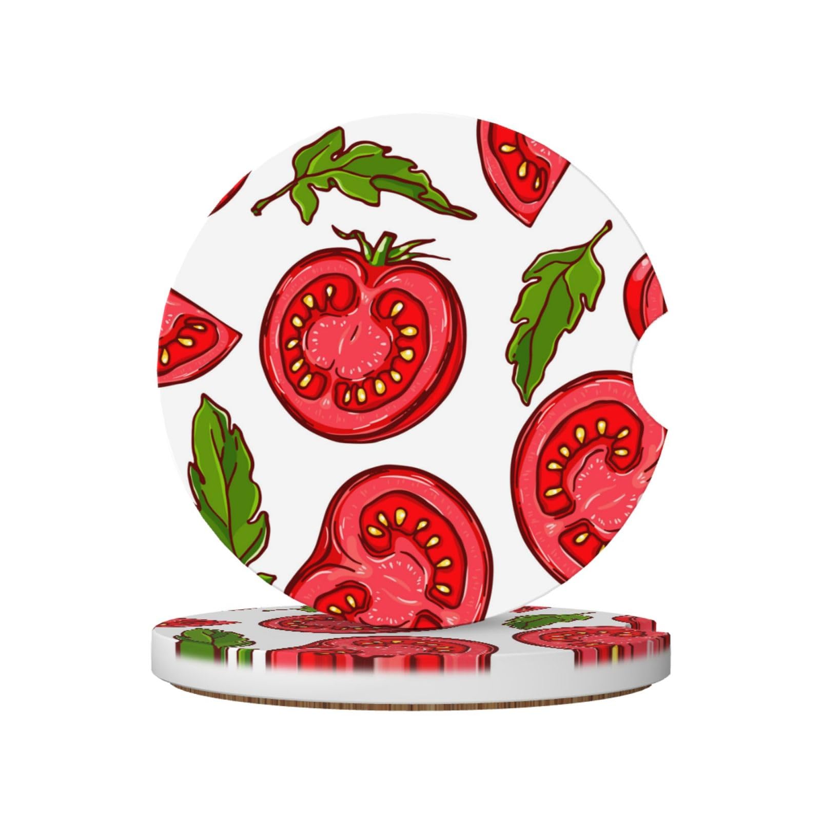 Cartoon Of Tomato Leaves Pattern, Car Cup Holder Coasters 2 Pack, Absorbent Ceramic Car Coasters with Non Slip Cork Base