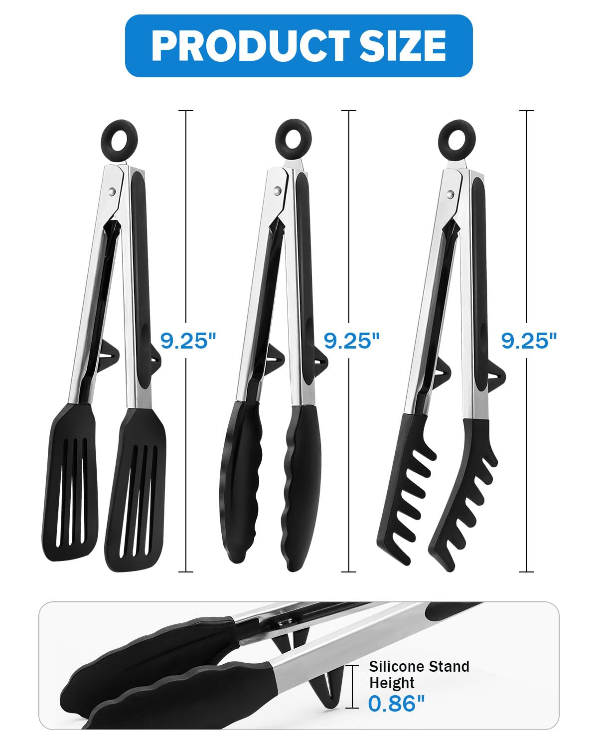 Pinzas de cocina para cocinar, punta de silicona antiarañazos de 9 pulgadas para sartenes antiadherentes, pinzas de servir de grado alimenticio, cierre de tracción, juego de 3, color negro