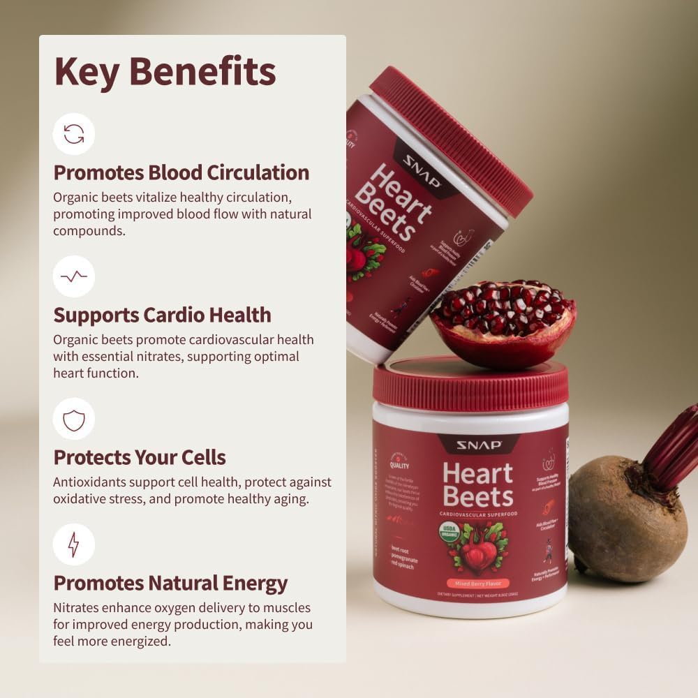Snap Supplements Heart Beets, Organic Beet Root Powder, Cardiovascular Support Supplement for Men & Women, Beets, Pomegranate, B Vitamins & Red Spinach, Heart Health Support, 30 Servings, Mixed Berry - Image 3