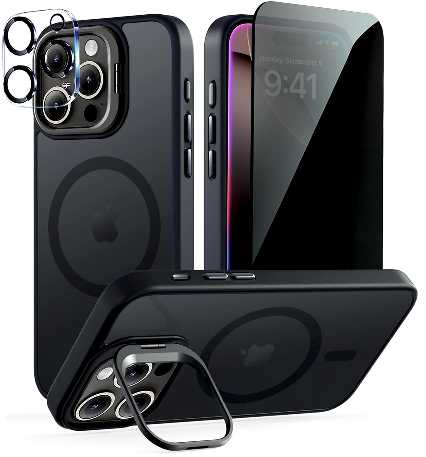 TXXO Magnetic for iPhone 16 Pro Case Stand with Privacy Screen & Camera Lens Protector Fits MagSafe 10FT Drop Translucent Matte Slim Shockproof Phone Case for iPhone 16 Pro Bumper 6.1"