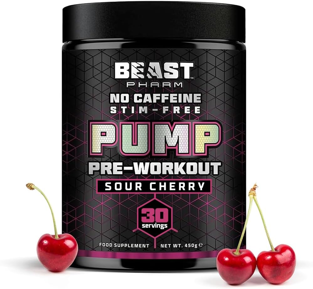 Beast Pump Non Stim Pre Workout Powder with L Citrulline - 30 Servings - Stim Free Zero Caffeine - Energy & Performance Preworkout - Sour Cherry