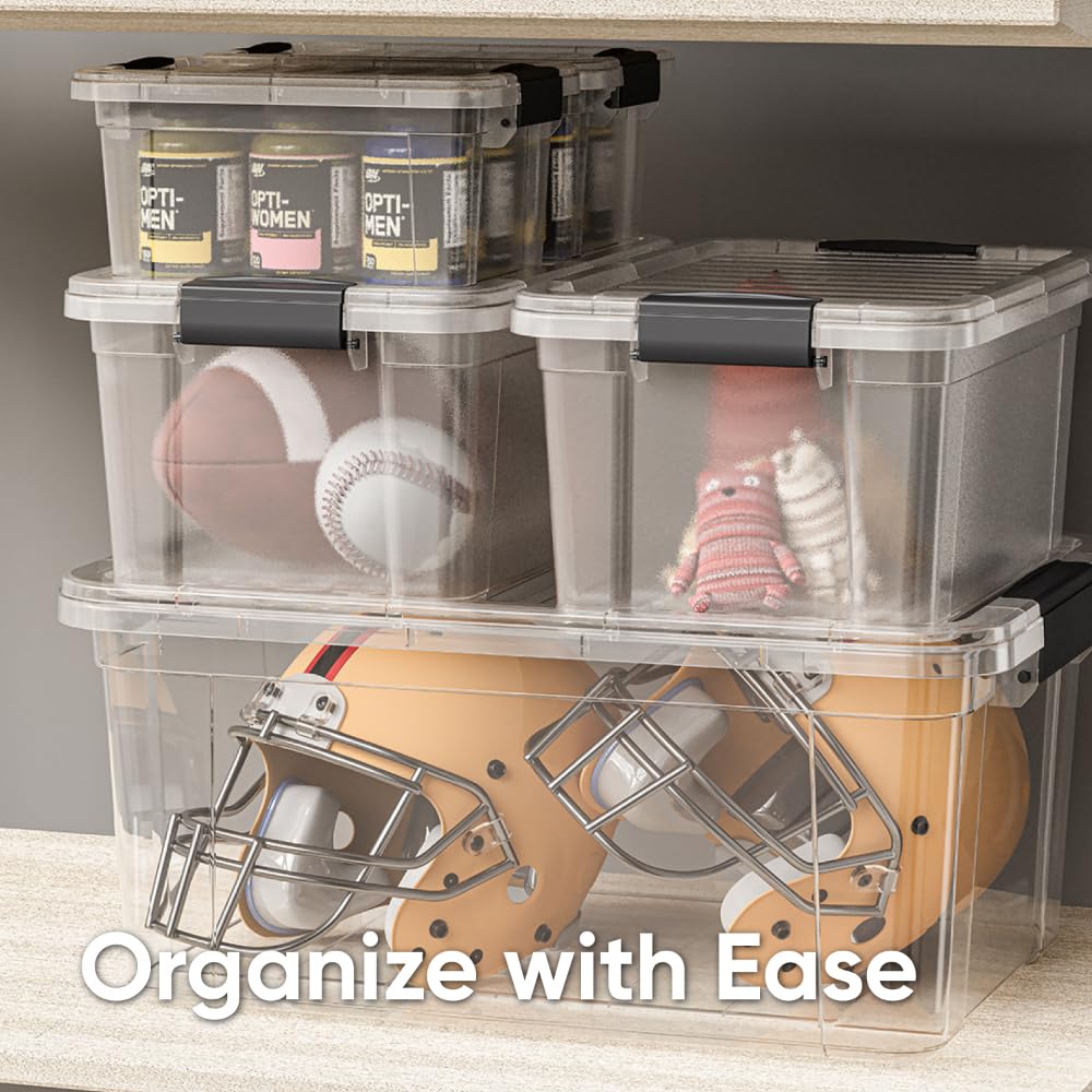 Superio Cajas de almacenamiento transparentes con tapas, contenedores de plástico de 32 cuartos de galón para organizar, cajas apilables, sin BPA, no tóxicas, sin olor, organizadores para el hogar,