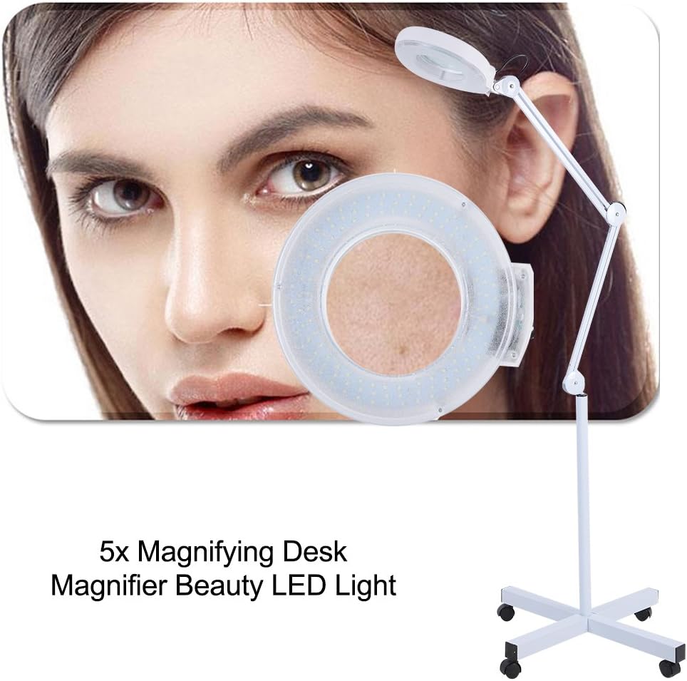 Magnifying Floor Lamp, 5X Glass Lens LED Magnifier Light Rolling Floor Standing Salon Beauty Skincare Tattoo Manicure Equipement with Adjustable - White