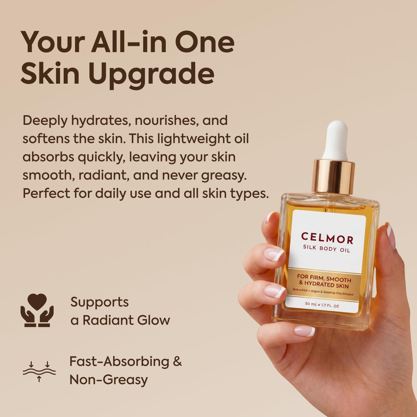 CELMOR Silk Body Oil with Bakuchiol for Firming and Moisturizing