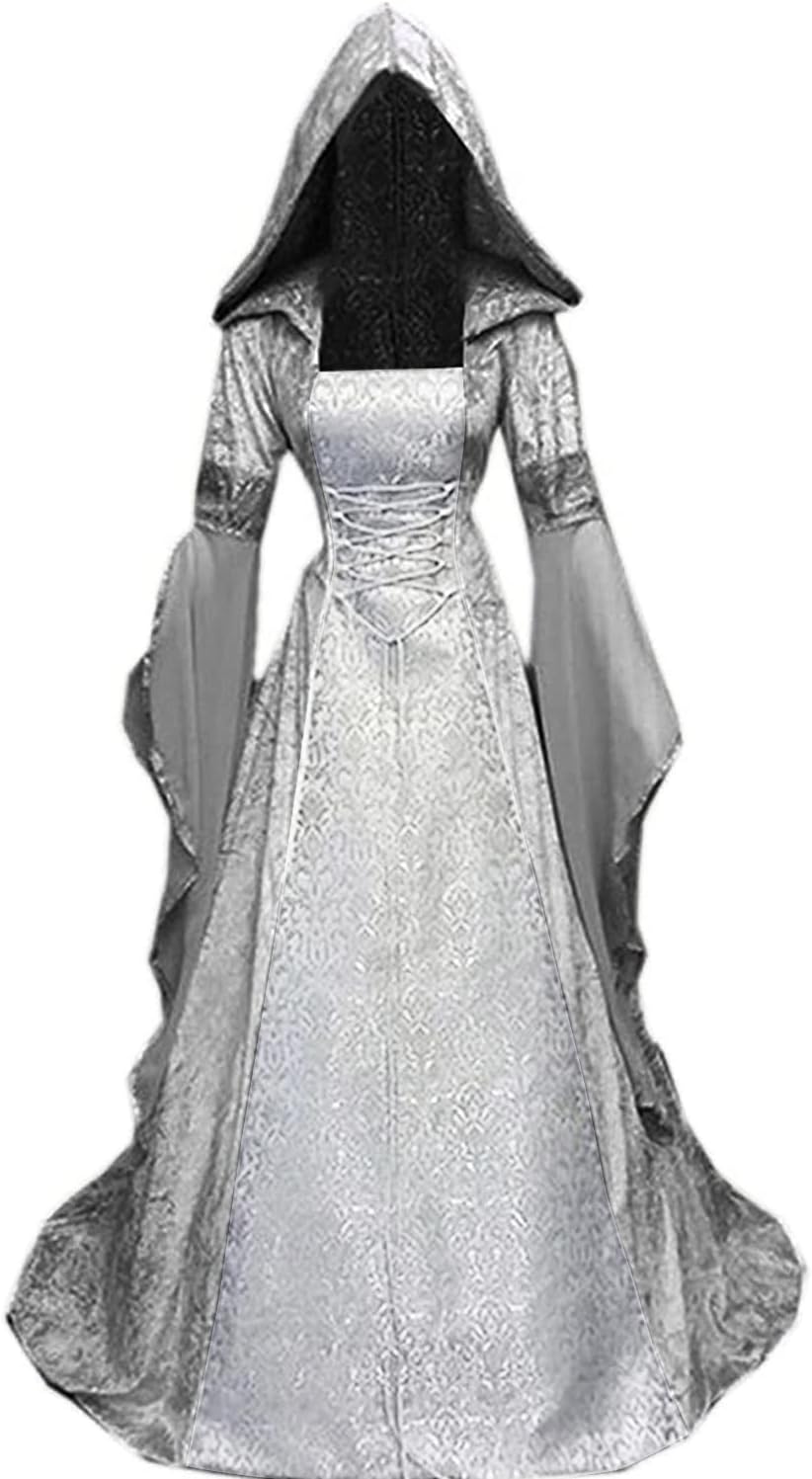BITSEACOCO Women Deluxe Witch Dress Costume, Vintage Embroidered Renaissance Gothic Hooded Vampire Gown Dress Cosplay