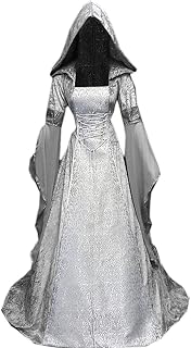 Women Deluxe Witch Dress Costume, Vintage Embroidered Renaissance Gothic Hooded Vampire Gown Dress Cosplay