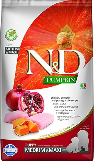 ZOOOP N&D Pumpkin, Grain Free, Dry Dog Food, Puppy Medium & Maxi Breed, 12 Kg, Chicken & Pomegranate (2.5 KG)