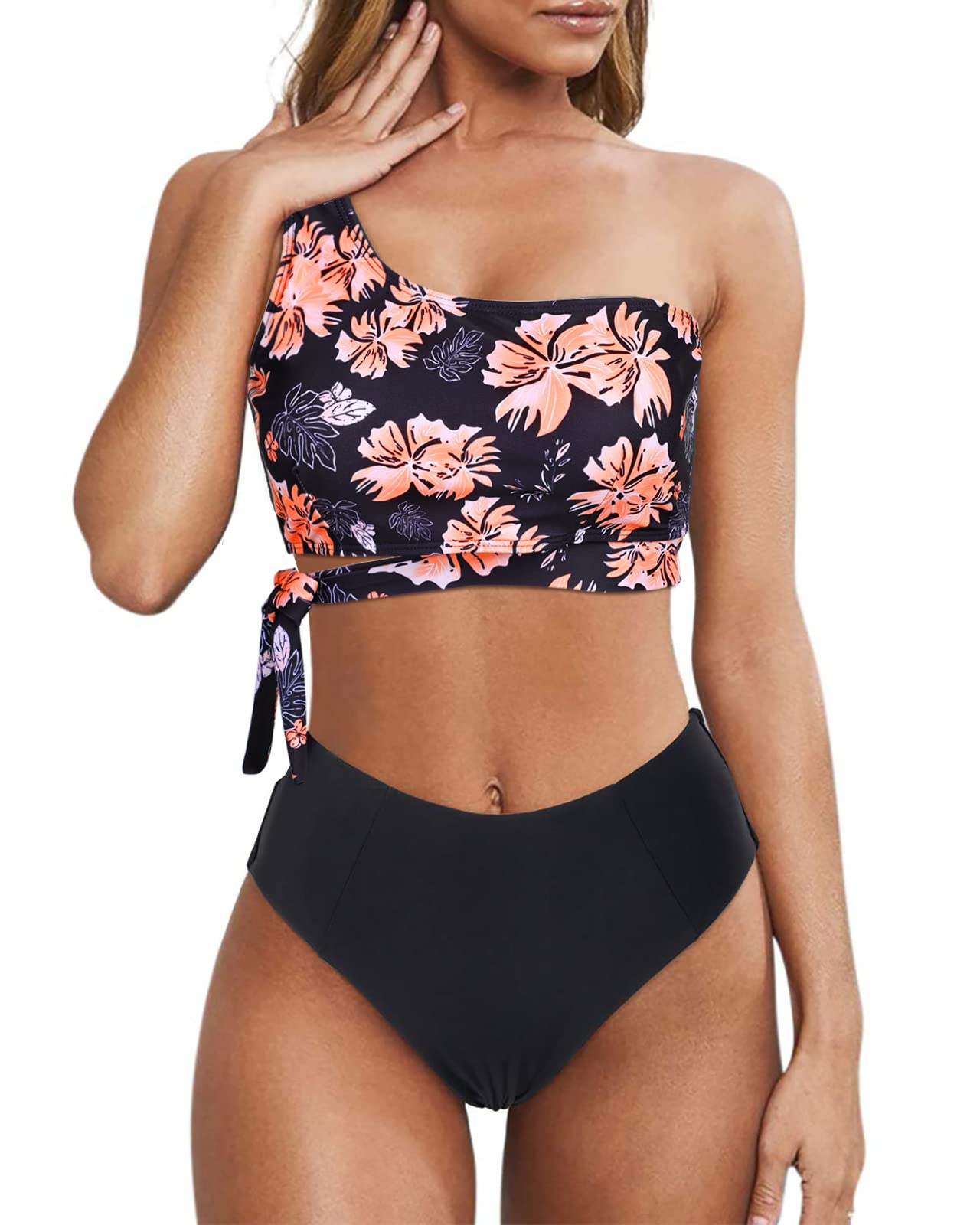 Wantonfy Damen Bikini Sets High Waist Schwimmanzug Zweiteiliger Badeanzug EIN Schulter Bademode Swimsuit