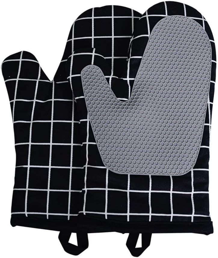 Oven Gloves, Silicone Oven Gloves, Cotton Lining and Non-Slip Surface, Square Stitched Heat Resistant Gloves for Kitchen, Baking, Grilling（Black）