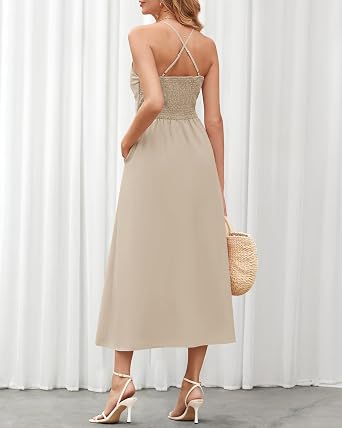 BTFBM Women 2026 Spaghetti Strap Midi Summer Dresses Sleeveless V Neck Cutout Slit Casual Beach Party Maxi Dress Pockets