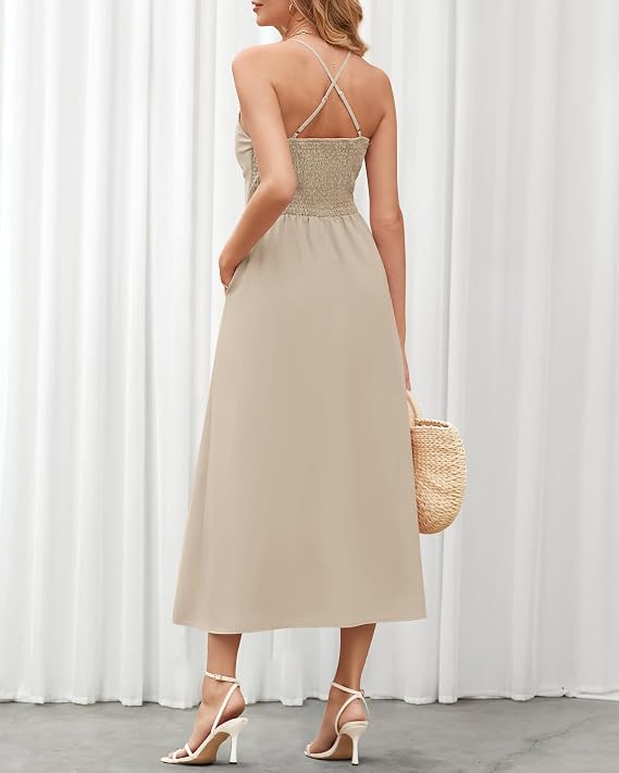 BTFBM Women 2026 Spaghetti Strap Midi Summer Dresses Sleeveless V Neck Cutout Slit Casual Beach Party Maxi Dress Pockets