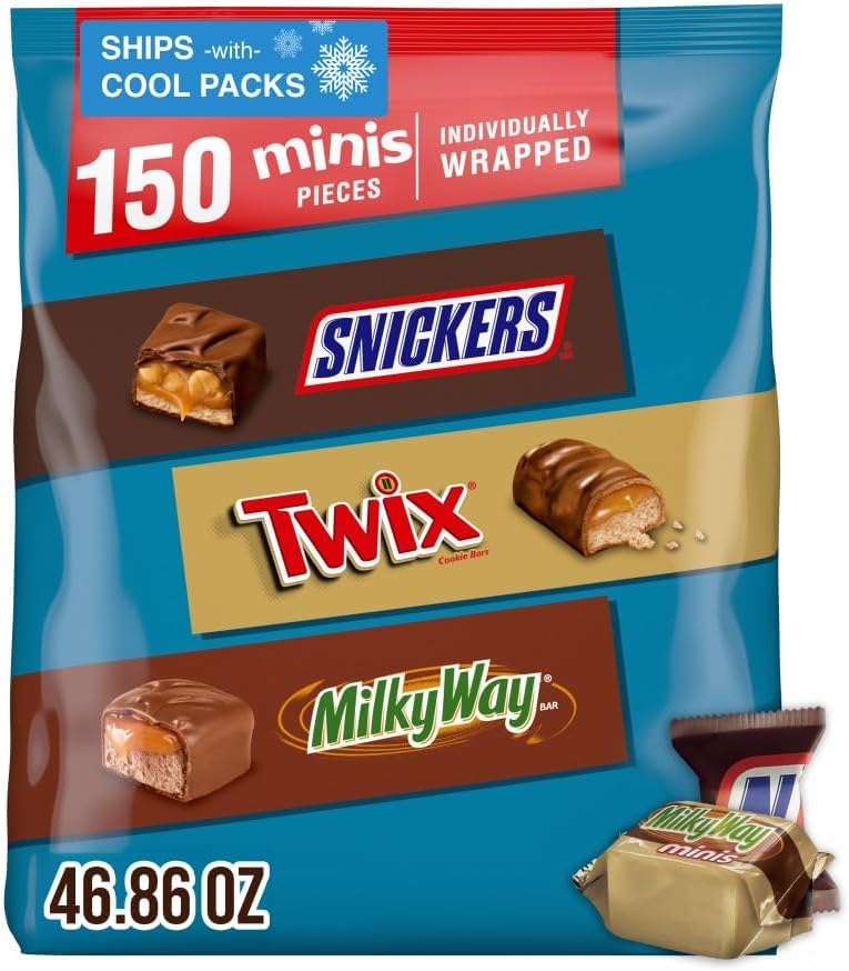 Image of SNICKERS, TWIX, & MILKY WAY Minis Chocolate Candy Bars Variety Pack, 150 Ct Bulk Bag (Pack of 8)