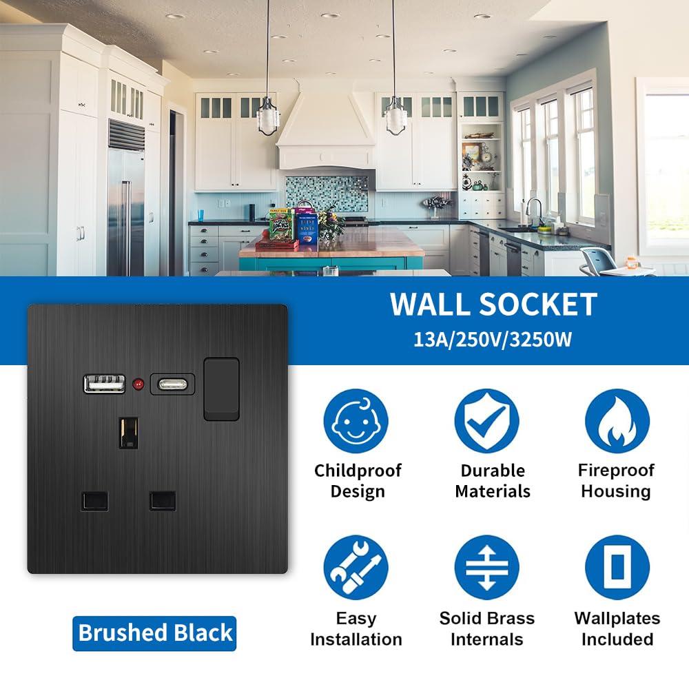 EINNO Switched Wall Outlet with USB C and A, 13 Amp, Black (Single Socket with USB) - Image 2