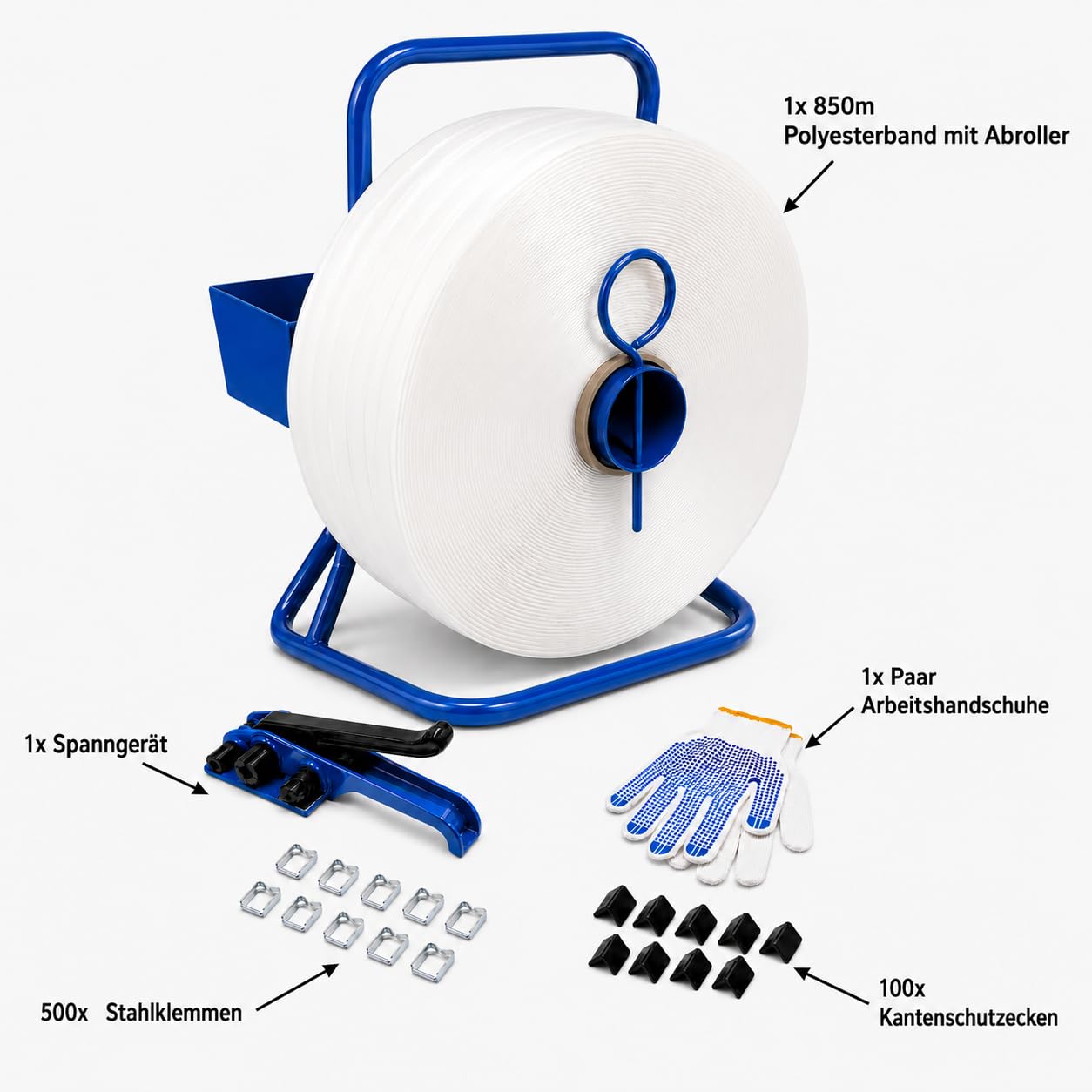 Textil-Umreifungsset 16 mm komplett mit Abroller, Bandspanner, 850 m Polyesterband, 500 Klemmen, 100 Kantenschutzecken & Handschuhen – Für Paletten, Versand & Lager