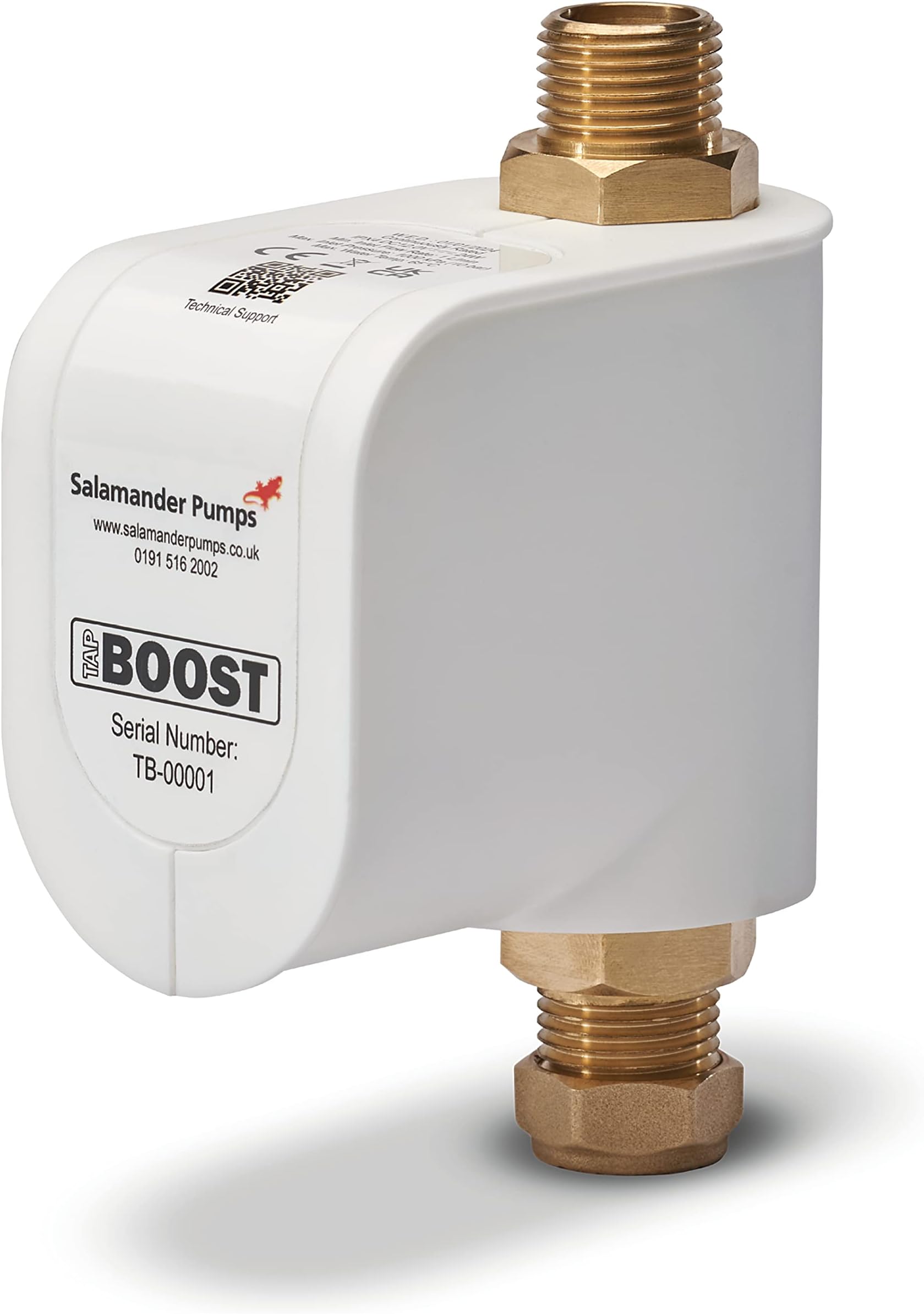 Mains Booster TapBoost Inline Pump - Boosts Flow to 7-11L/Min - Brass Ends - Suitable for Mains & Gravity Fed Systems - 2 Year Warranty