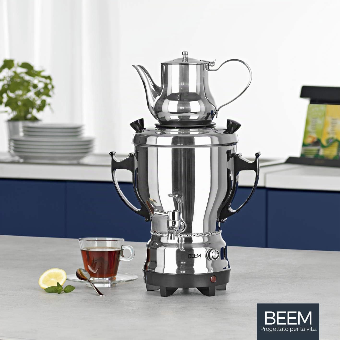 BEEM SAMOWAR 2030-3 l | Tea Maker Elettrico 2.200 W | Acciaio Inox, Contenitore per Acqua da 3 Litri, teiera da 1 litro | Adatta per Uso privato, alberghiero, gastronomico