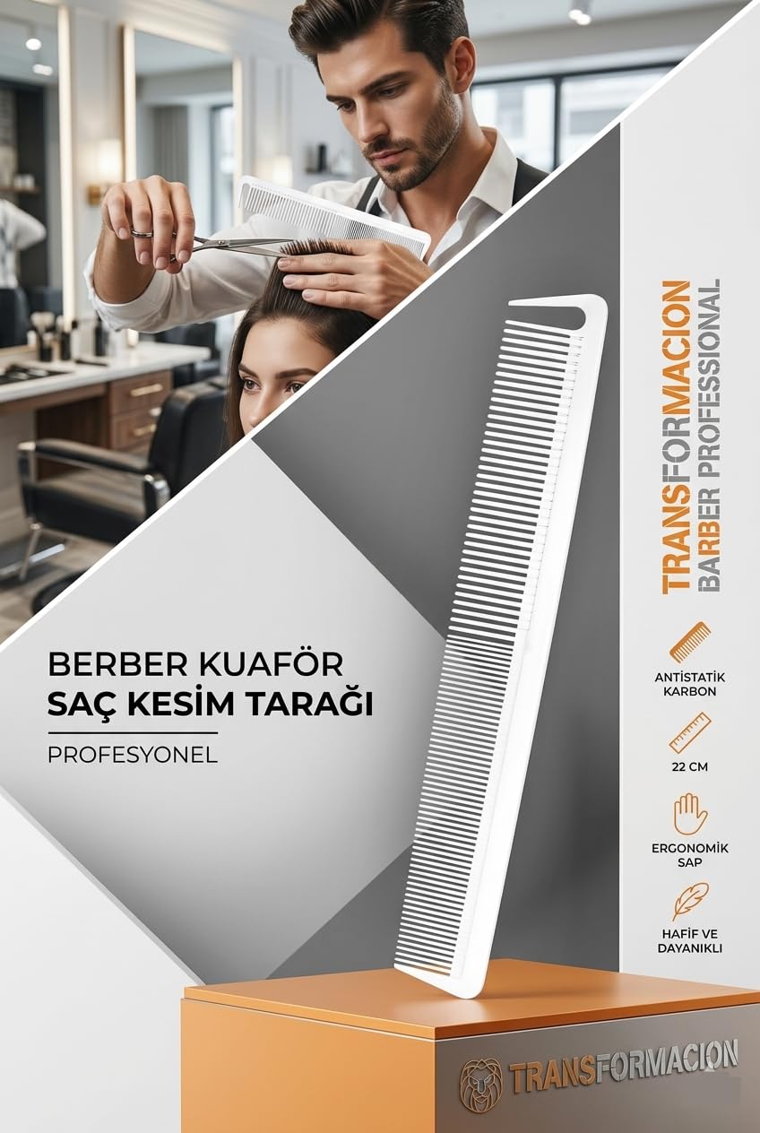 Transformacion Profesyonel Karbon Kesim Tarağı - Antistatik Berber & Kuaför Tarağı 22 cm 721790